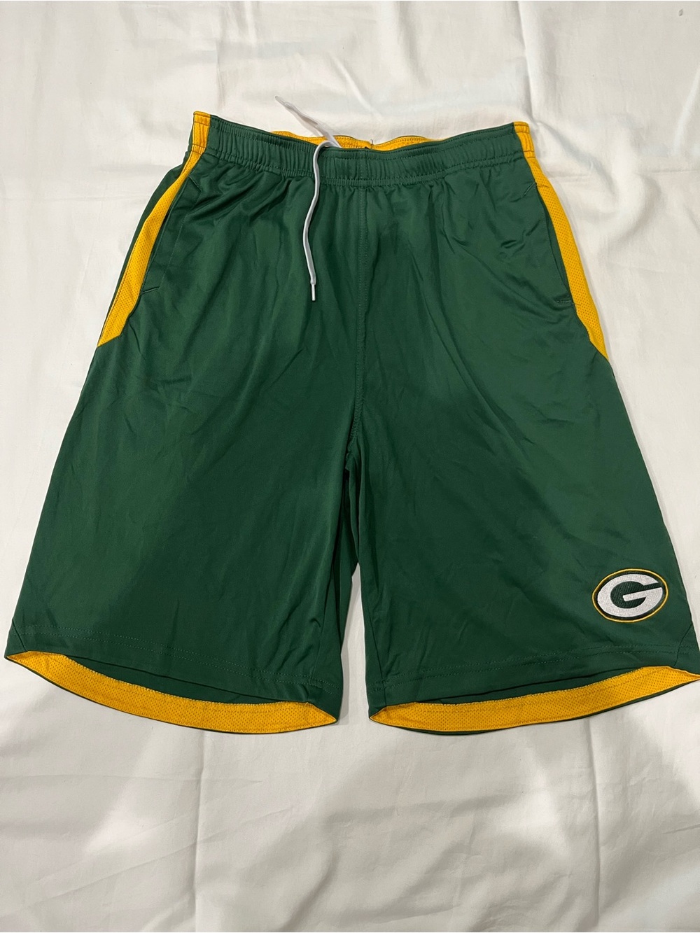 Green Bay Packers Kids Athletic Shorts with Gold Trim and Team Emblem